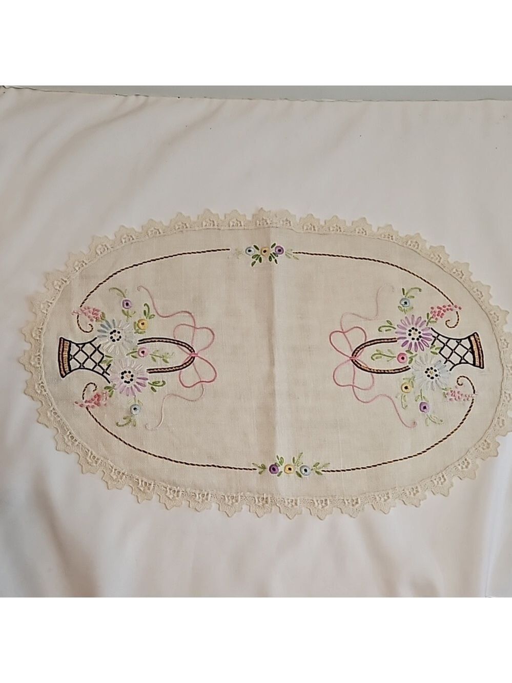 Vintage Hand Stitched Needlepoint Doily Oval Floral - Picture 4 of 17